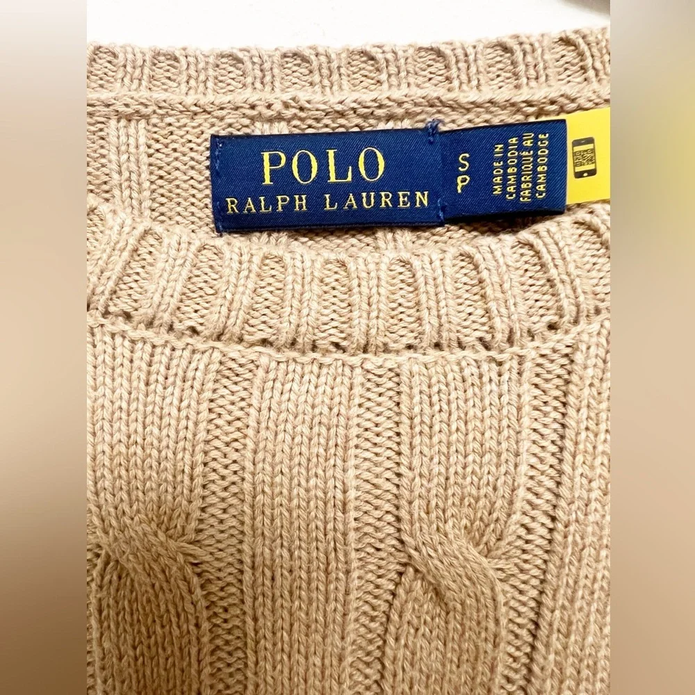 Polo Ralph Lauren Cable Knit Sweater Tan Beige Classic Preppy Cotton, Small - Picture 2 of 6